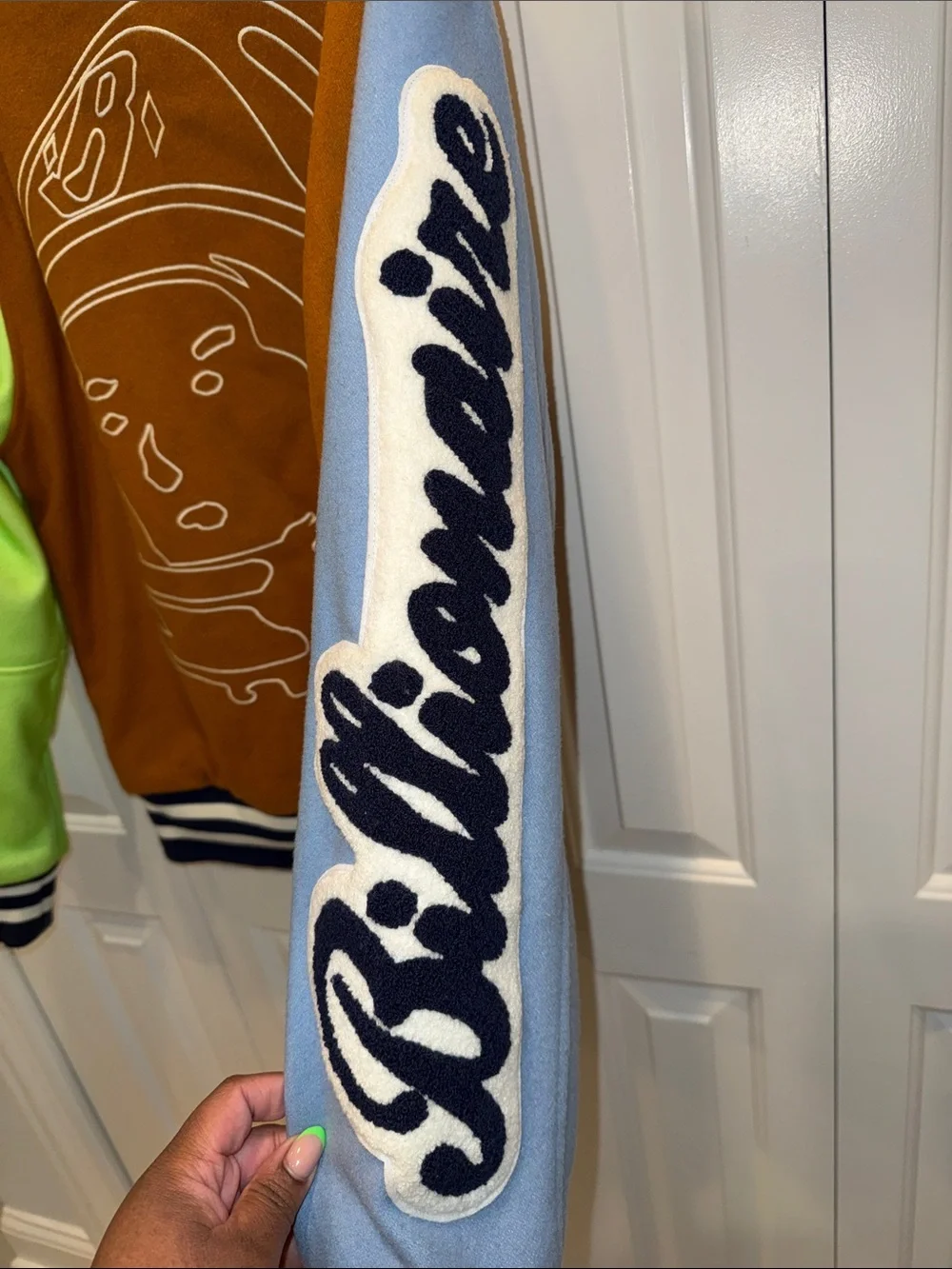 Billionaire Boys Club Brown Varsity Jacket with Light Blue & Neon Green Sleeves